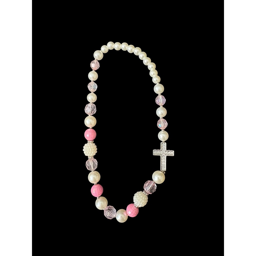 Girls Pink Faux Pearl Beaded Necklace Rhinestone Cross Christian Jewelry